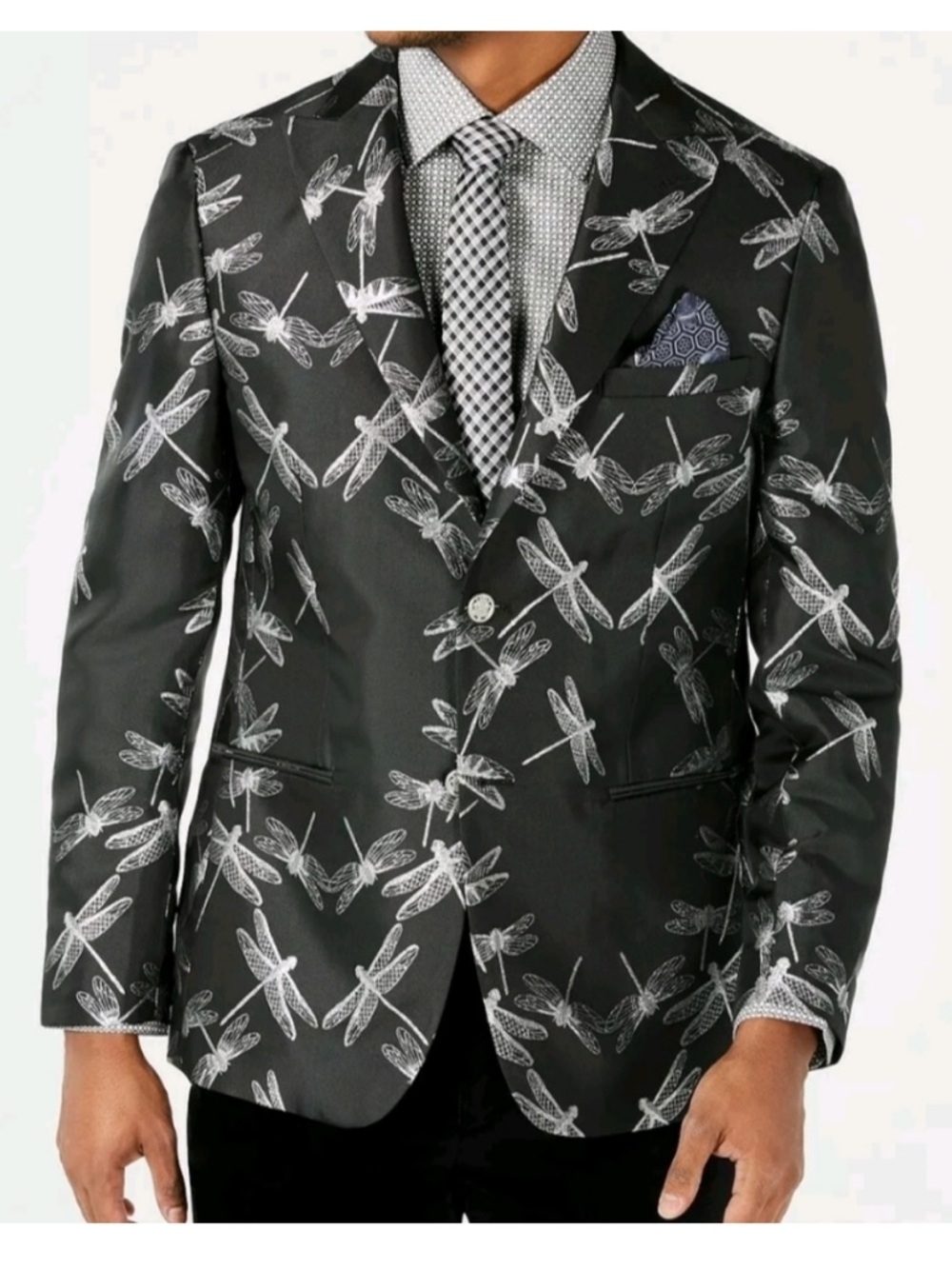 Tallia 40 SHORT Orange Men's Slim-Fit Black/Silver Dragonfly Jacquard Jacket